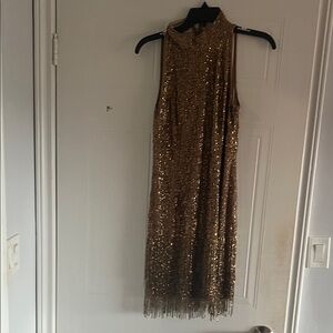 Melanie Lyne Gold Sequin Fringe Sleeveless Dress